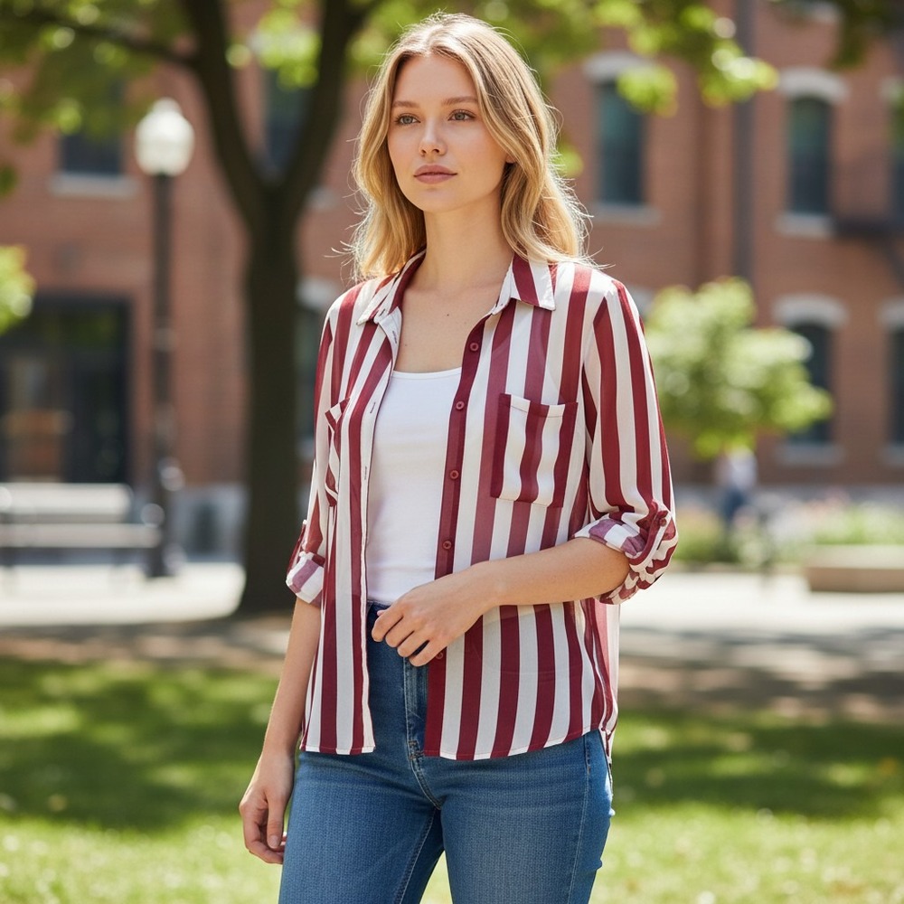 XXI Burgundy White Striped Chiffon Roll Tab Sleeve Button Down Shirt S
